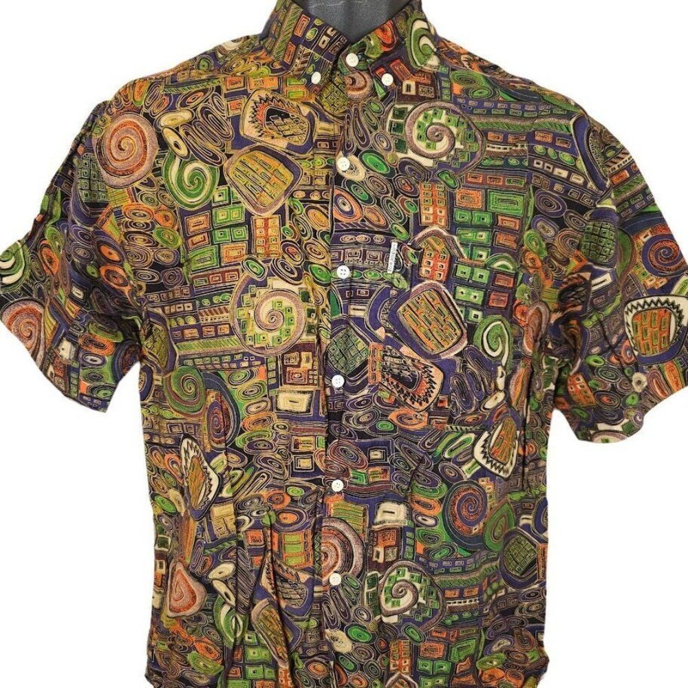 Vintage Tomorrow Abstract Shirt Mens Size Small Camp All Over Print Geometric